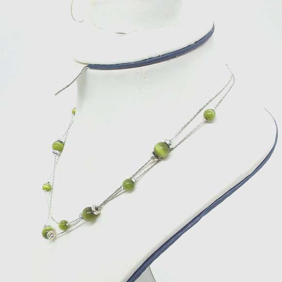 Kim Rogers Necklace Double Strand Green Station Beaded Silver-tone Chains - Picture 2 of 6